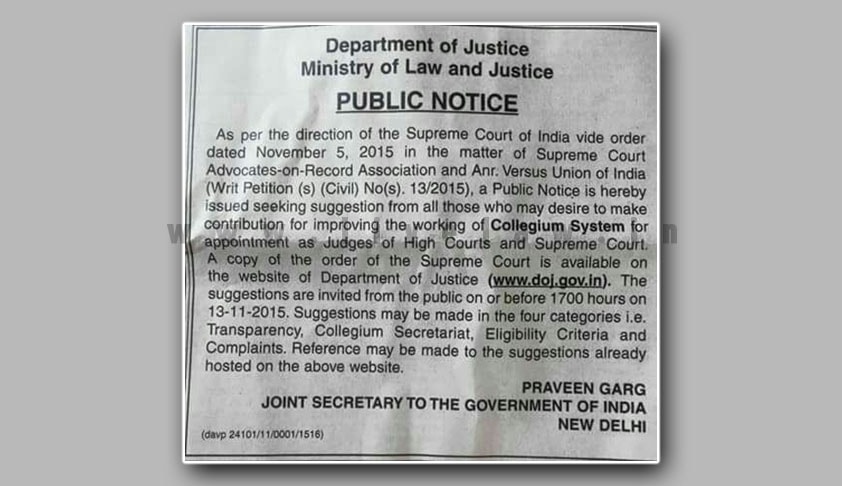 #Improving Collegium; Send your suggestions to collegium-suggestions@gov.in or collegium-improvement@gov.in on or before13.11.2015 #Improving Collegium; Send your suggestions to collegium-suggestions@gov.in or collegium-improvement@gov.in on or before13.11.2015