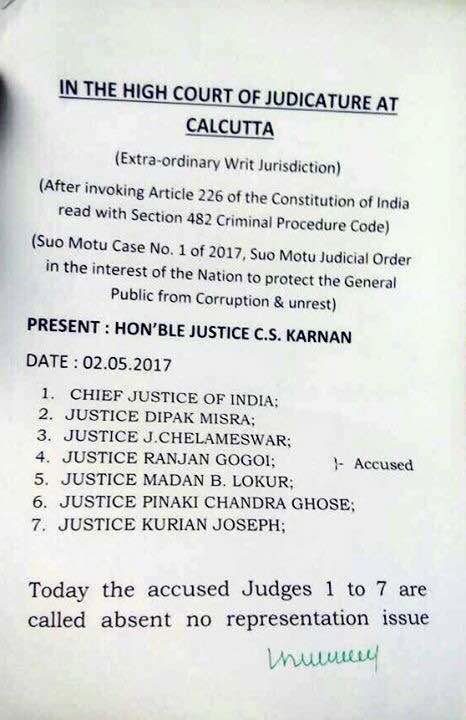 Now, Justice Karnan ‘Issues’ Non Bailable Warrant Against 7 SC Judges [Read Order]
