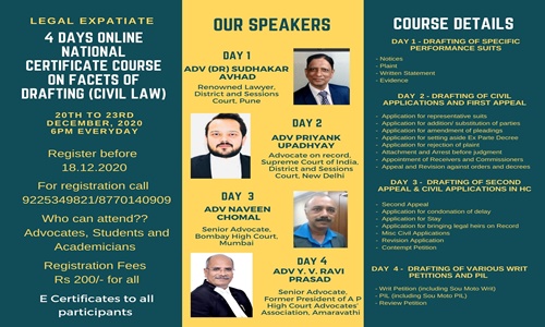 4 Days Online Certificate Course On Facets Of Drafting (Civil Law)