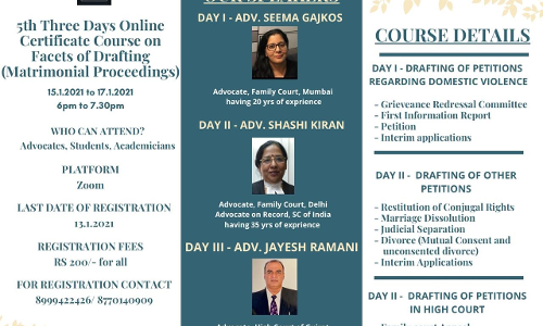 Three Days Online Certificate Course On Facets Of Drafting (Matrimonial Proceedings) By Legal Expatiate