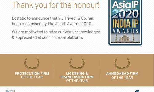 Y.J Trivedi & Co Awarded By AsiaIP 2020 India IP Awards