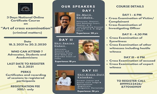 Three Days Online Certificate Course On Art Of Cross Examination (Criminal Matters) By Legal Expatiate [18th To 20th February 2021]