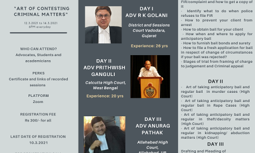 Three Days Online Certificate Course On Art Of Contesting Criminal Matters By Legal Expatiate [12th To 14th March 2021]