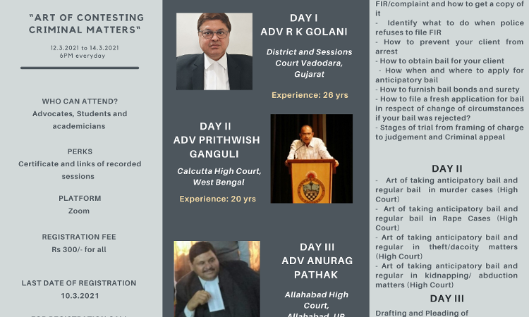 Three Days Online Certificate Course On Art Of Contesting Criminal Matters By Legal Expatiate [12th To 14th March 2021]