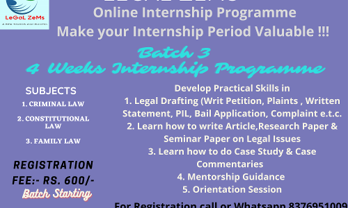 Legal Zems Online Internship Programme 2021 [15th May to 15th June 2021]