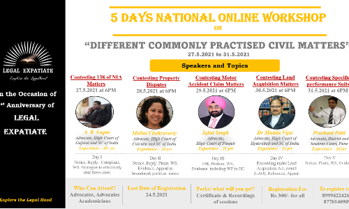 Legal Expatiate: 5 Days Online Workshop On Contesting Different Commonly Practised Matters  [Register By 24th May 2021]
