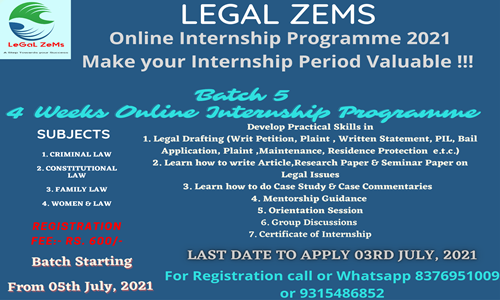 Legal Zems Online Internship Programme  [Apply by 3rd July 2021]