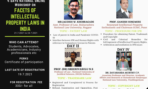 Legal Expatiate: 4 Days Online National Workshop On Facets Of Intellectual Property Laws In India [Register by 19.7.2021]