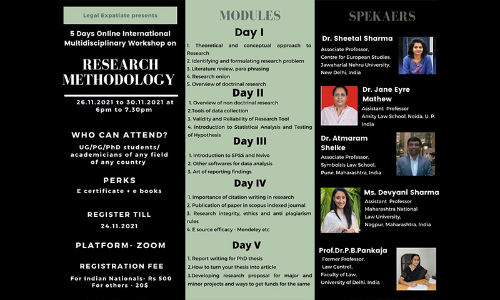 Legal Expatiate: 5 Days Online International Advanced Workshop On Research Methodology [Register By 24.11.2021] [Limited Seats Only]