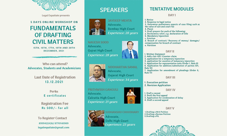 Legal Expatiate:5 Days Online Workshop On Fundamentals Of Drafting Civil Matters [Register By 13.12.202][Limited Seats Only]