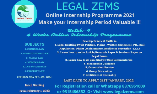 Legal Zems: Online Internship Programme 2021 [Batch- 9th] [1st February 2022 to 1st March 2022]