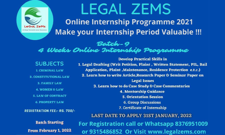 Legal Zems: Online Internship Programme 2021 [Batch- 9th] [1st February 2022 to 1st March 2022]