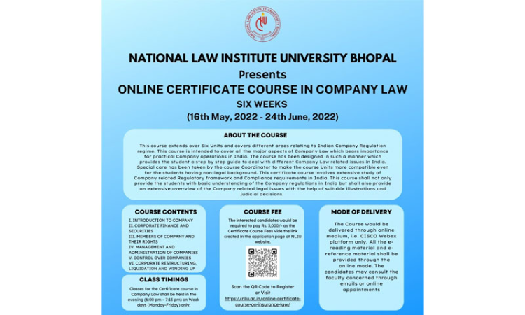 NLIU Bhopal: Six Weeks Online Certificate Course In Company Law [16th May-24th June, 2022]