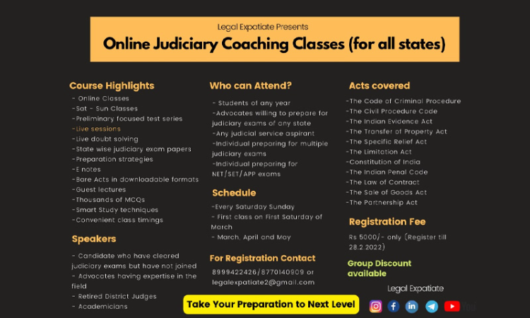 Online Judiciary Exams Coaching (For All States) [Saturday-Sunday Classes (March To May)[Register By 28.2.2022]