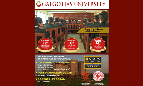 Galgotias School of Law : Provisional Admissions Open For Academic Year 2022-23 For 5-Year B.A./BBA.LL.B. (H), 3-Year LL.B., 1-yYear LL.M. and PhD programmes