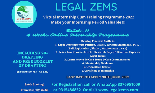 Legal Zems: 4 Weeks Online Internship Programme Legal Zems: 4 Weeks Online Internship Programme