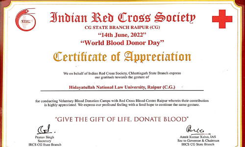 HNLU Receives Certificate Of Appreciation From Honble Governor Of Chhattisgarh On Behalf Of The Indian Red Cross Society