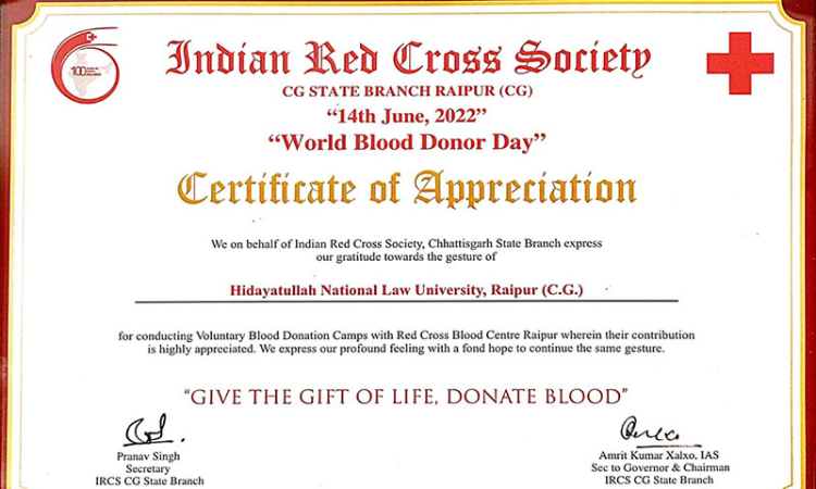 HNLU Receives Certificate Of Appreciation From Honble Governor Of Chhattisgarh On Behalf Of The Indian Red Cross Society