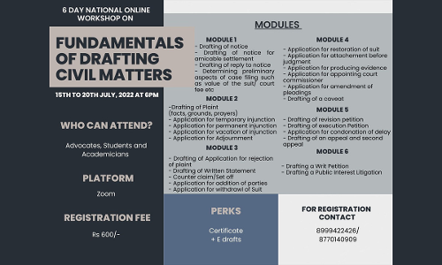Legal Expatiate: 6 Days Online Workshop On Fundamentals Of Contesting Civil Matters [Register By 14.7.2022]