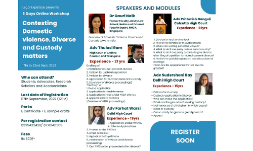 [Advt] Legal Expatiate: 6 Days Online Workshop On Contesting Divorce, Domestic Violence And Custody Matters [Register by 17th September, 2022 (12PM)]