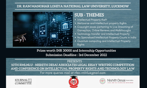 Call For Entries: 10th RMLNLU-Nishith Desai Associates Conference And Legal Essay Competition On Intellectual Property Rights And Technology Law [Submit By 3 Dec, 2022]