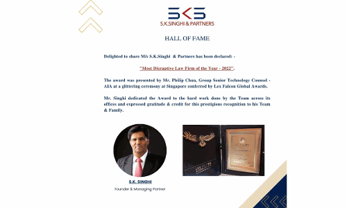 S.K.Singhi & Partners Declared Most Disruptive Law Firm of the Year - 2022.