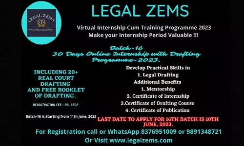 Legal Zems: 16th Batch Online Internship With Drafting Programme 2023 [11th June- 11th July, 2023]