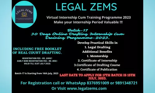 Legal Zems: 17th Batch Online Drafting Internship Cum Training Programme 2023 [16th July to 16th August]