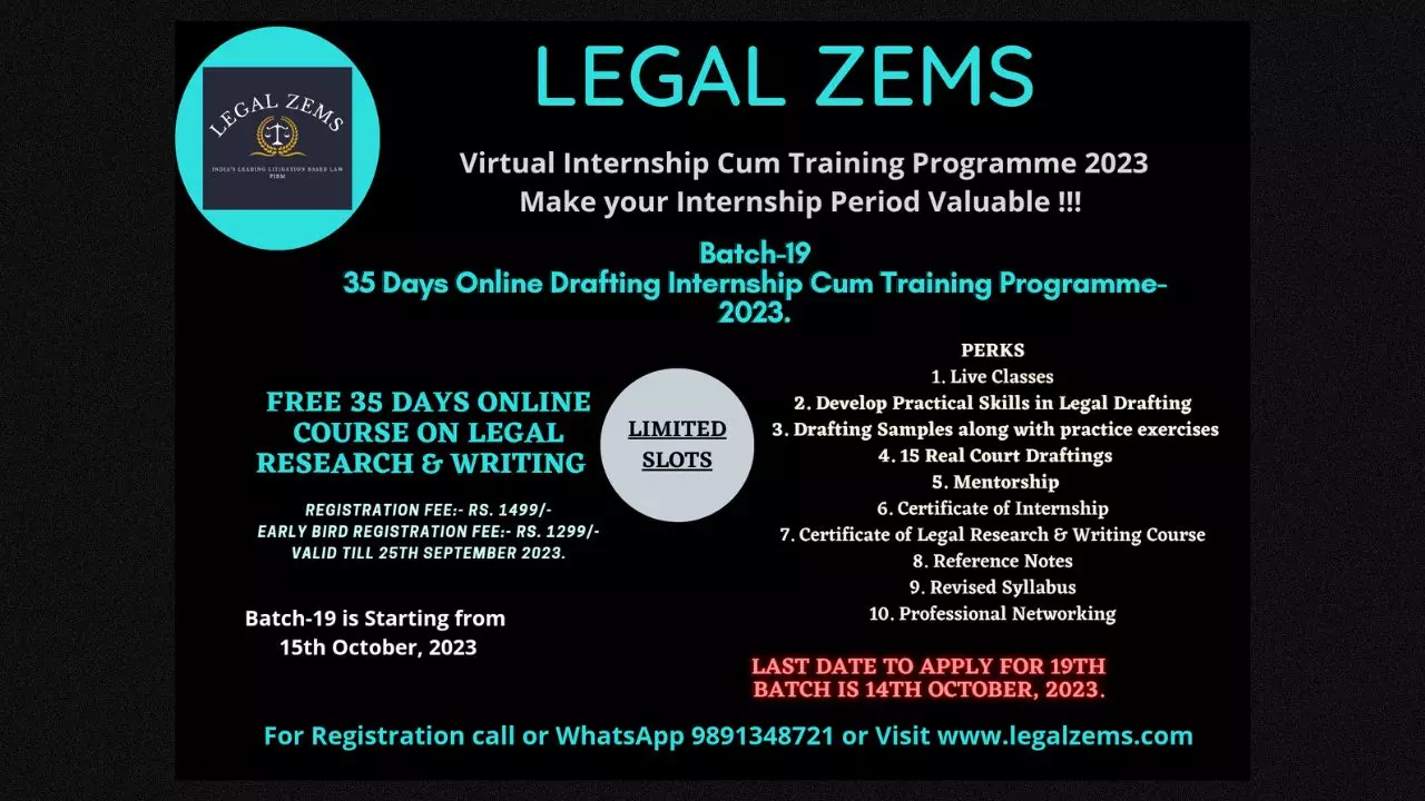 Legal Zems:19th Batch Online Internship Cum Training Programme 2023 [15th Oct To 20th Nov]