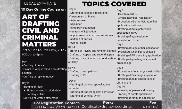 [Advt.] 10 Day Online Certificate Course On Art Of Drafting Civil And Criminal Matters By Legal Expatiate [Enrol By Oct 25]