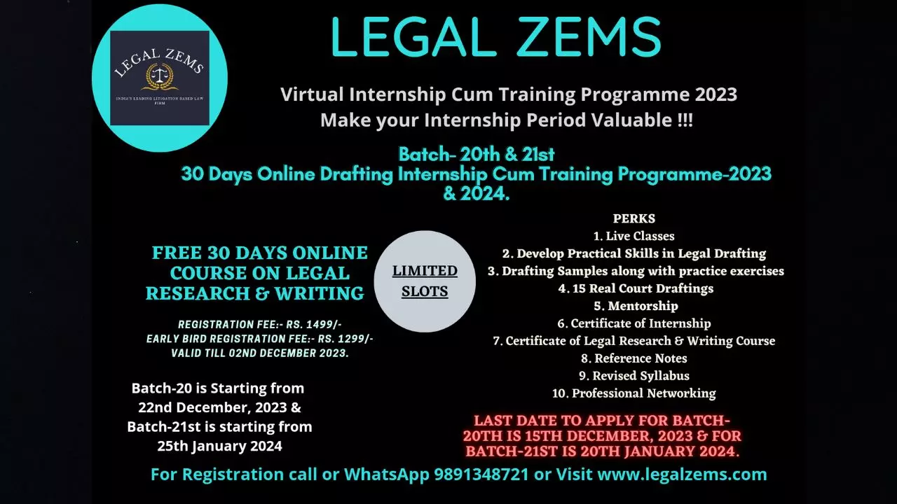 Legal Zems | Online Internship Cum Training Programme 2023 Legal Zems | Online Internship Cum Training Programme 2023