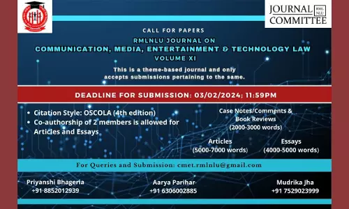 Call For Papers: RMLNLU Journal On Communication, Media, Entertainment & Technology Law [Volume 11] [Submit By 3rd February]