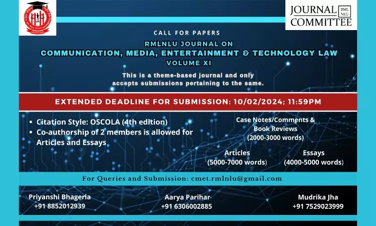 Call For Papers: RMLNLU, Journal On Communication, Media, Entertainment & Technology Law [Volume 11]
