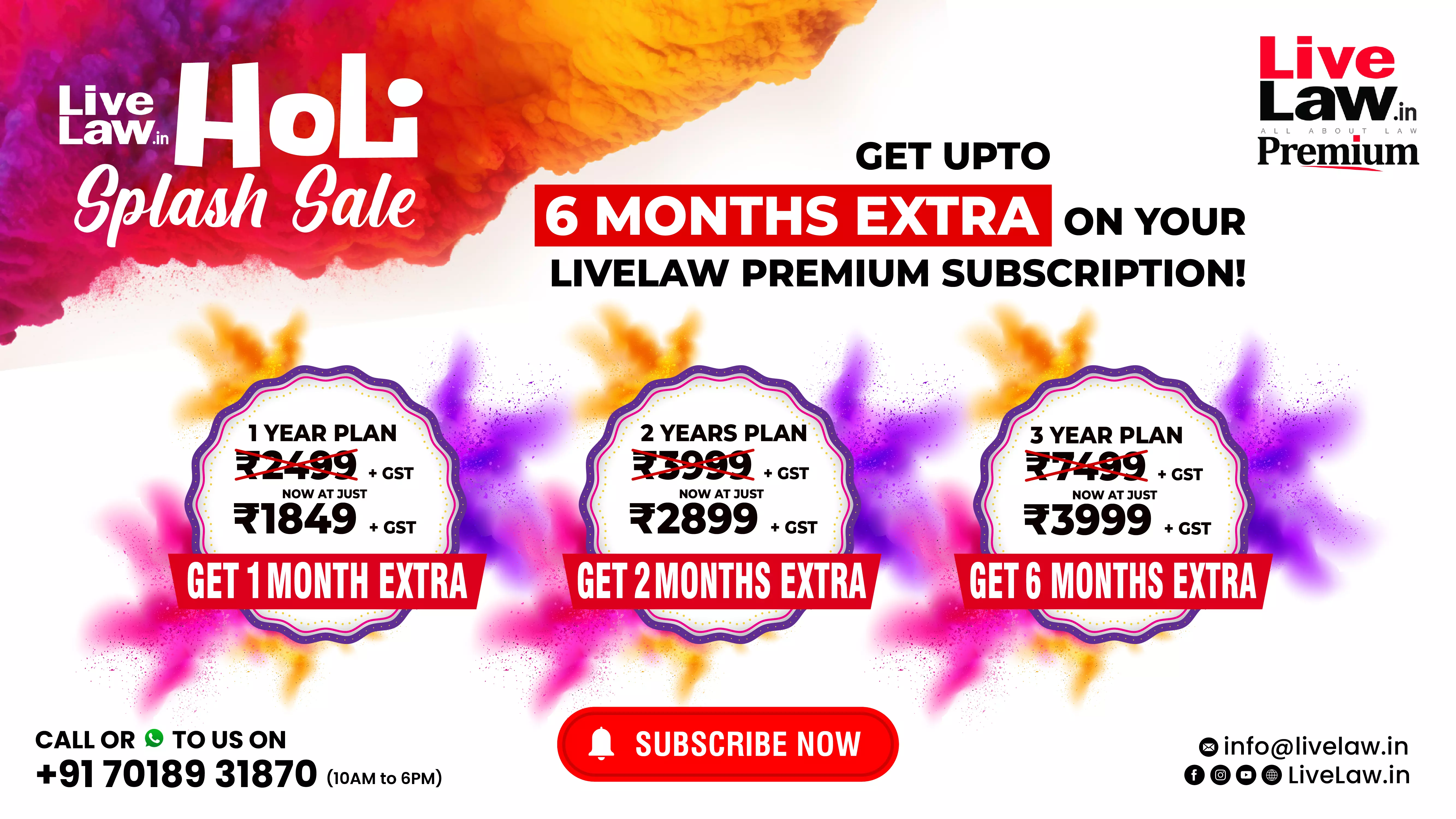 [LAST ONE HOUR LEFT] LIVELAWs HOLI SPLASH SALE: Get Upto 6 Months Extra On Premium Subscription [Subscribe Now!]