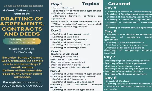 [Advt.] 4 Week Online Certificate Course On Drafting Of Contracts, Agreements And Deeds By Legal Expatiate [10th August To 1st September]
