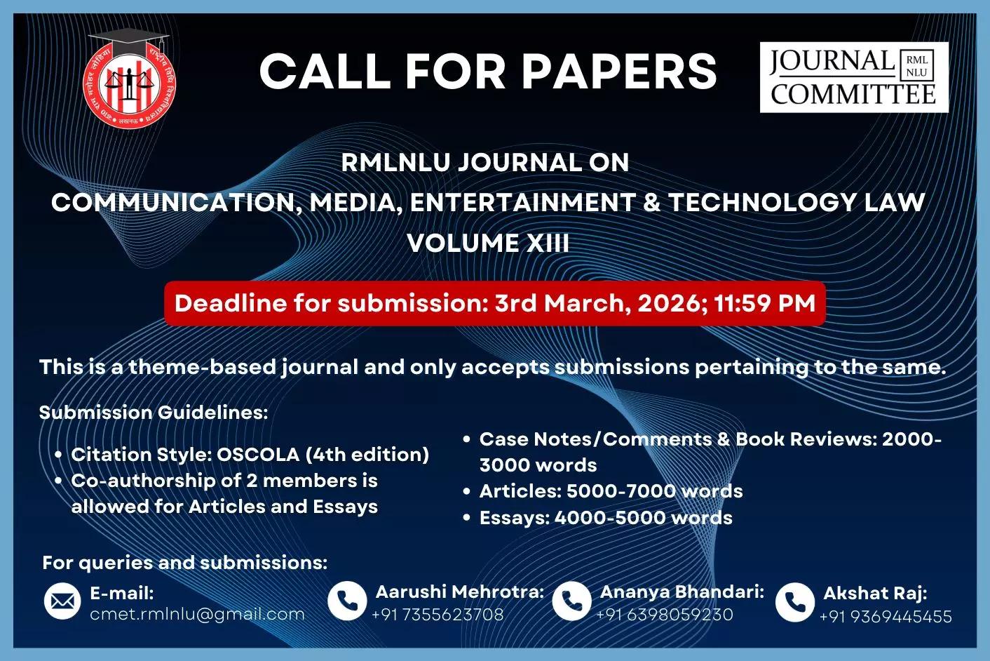 Call For Papers: RMLNLU Journal On Communication, Media, Entertainment & Technology Law [Volume 13]: Submit By 10th March, 2026