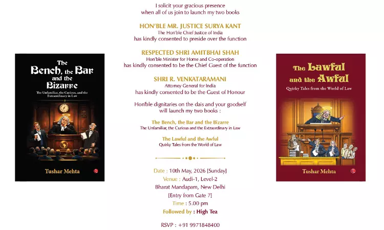 CJI Surya Kant To Preside Over Launch Of SG Tushar Mehtas Books At Bharat Mandapam On May 10 CJI Surya Kant To Preside Over Launch Of SG Tushar Mehtas Books At Bharat Mandapam On May 10