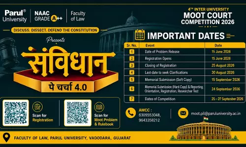 Parul University Invites Registrations For Samvidhan Pe Charcha 4.0 – 4th Inter-University Moot Court Competition 2026; Register By August 26 Parul University Invites Registrations For Samvidhan Pe Charcha 4.0 – 4th Inter-University Moot Court Competition 2026; Register By August 26